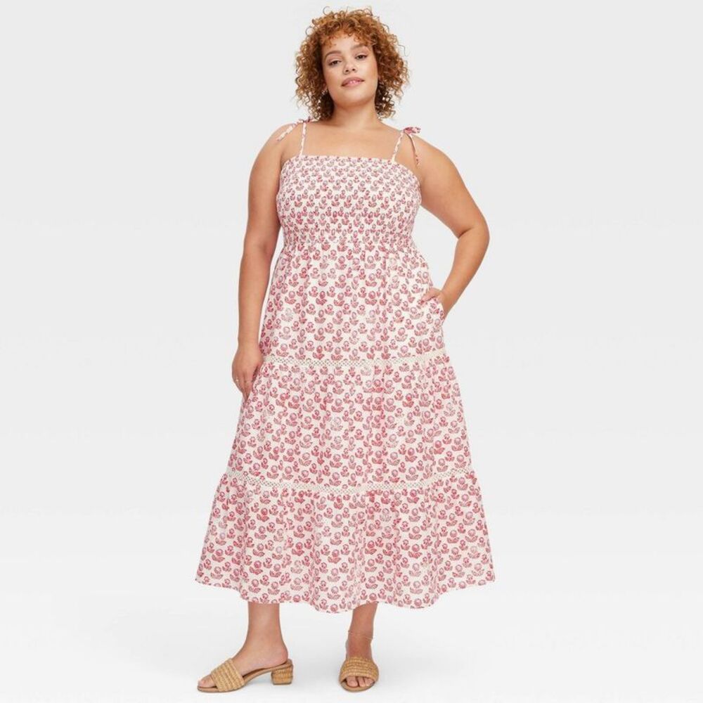 Roller Rabbit White and Pink Tie Strap Tiered Maxi Dress